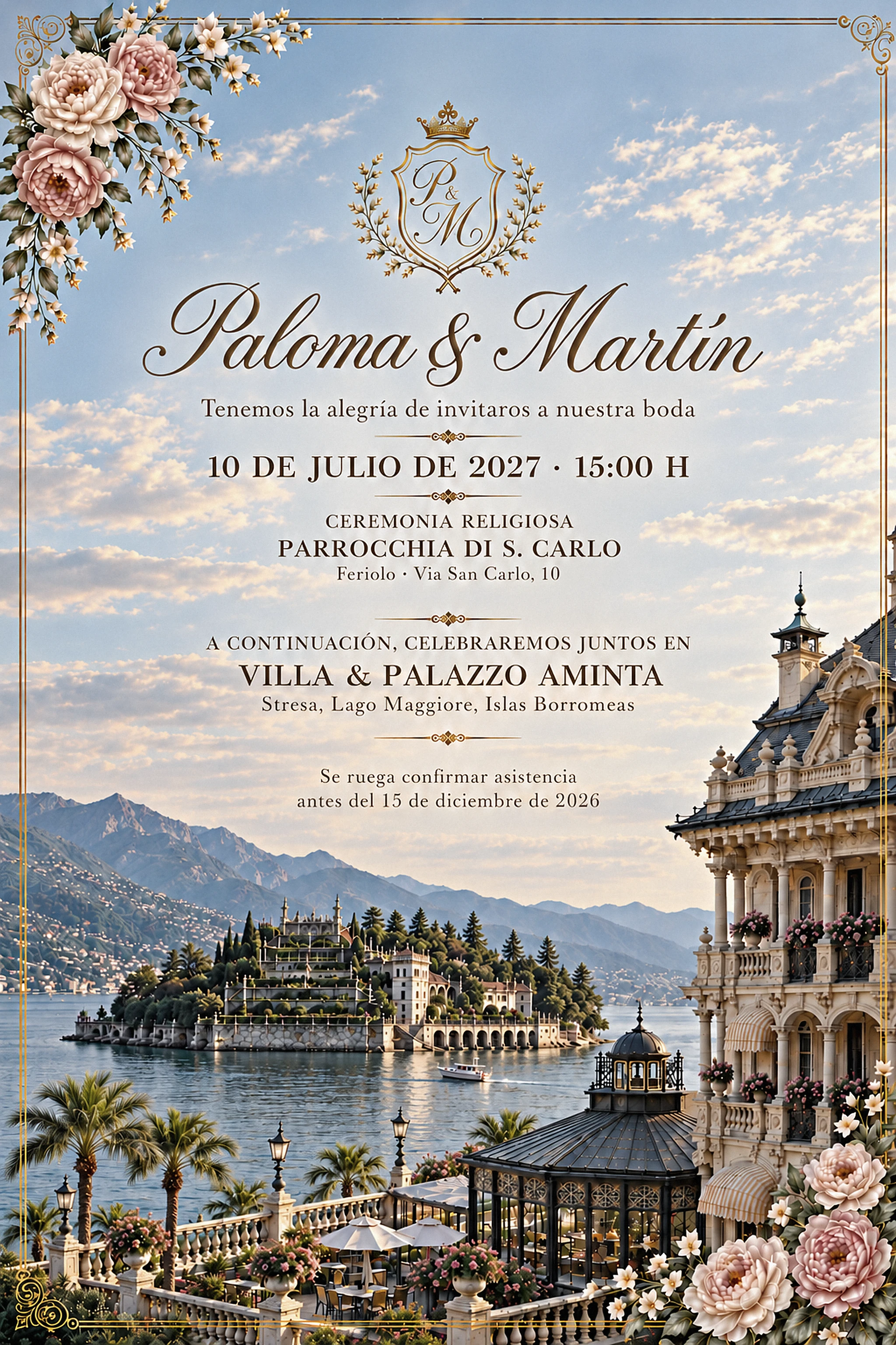 Paloma y Martín os invitan a su boda el 10 de julio de 2027 a las 15:00, en la Parrocchia di S. Carlo, Feriolo, Via San Carlo 10. Celebración en Villa & Palazzo Aminta, Stresa, Lago Maggiore. Confirmar asistencia antes del 15 de diciembre de 2026.